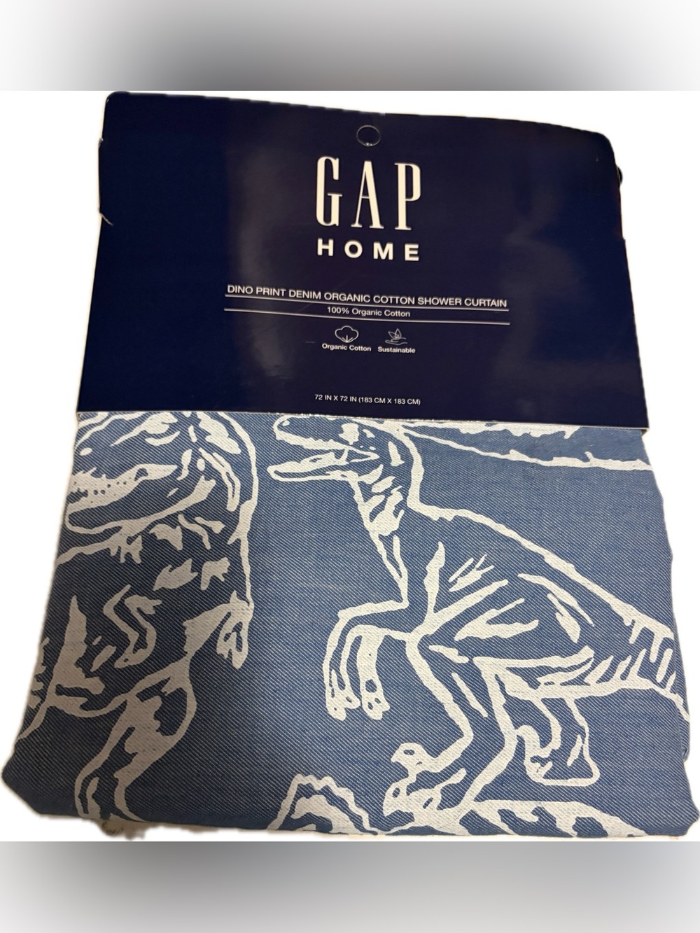GAP Home Blue and White Dino Print Organic Cotton Shower Curtain